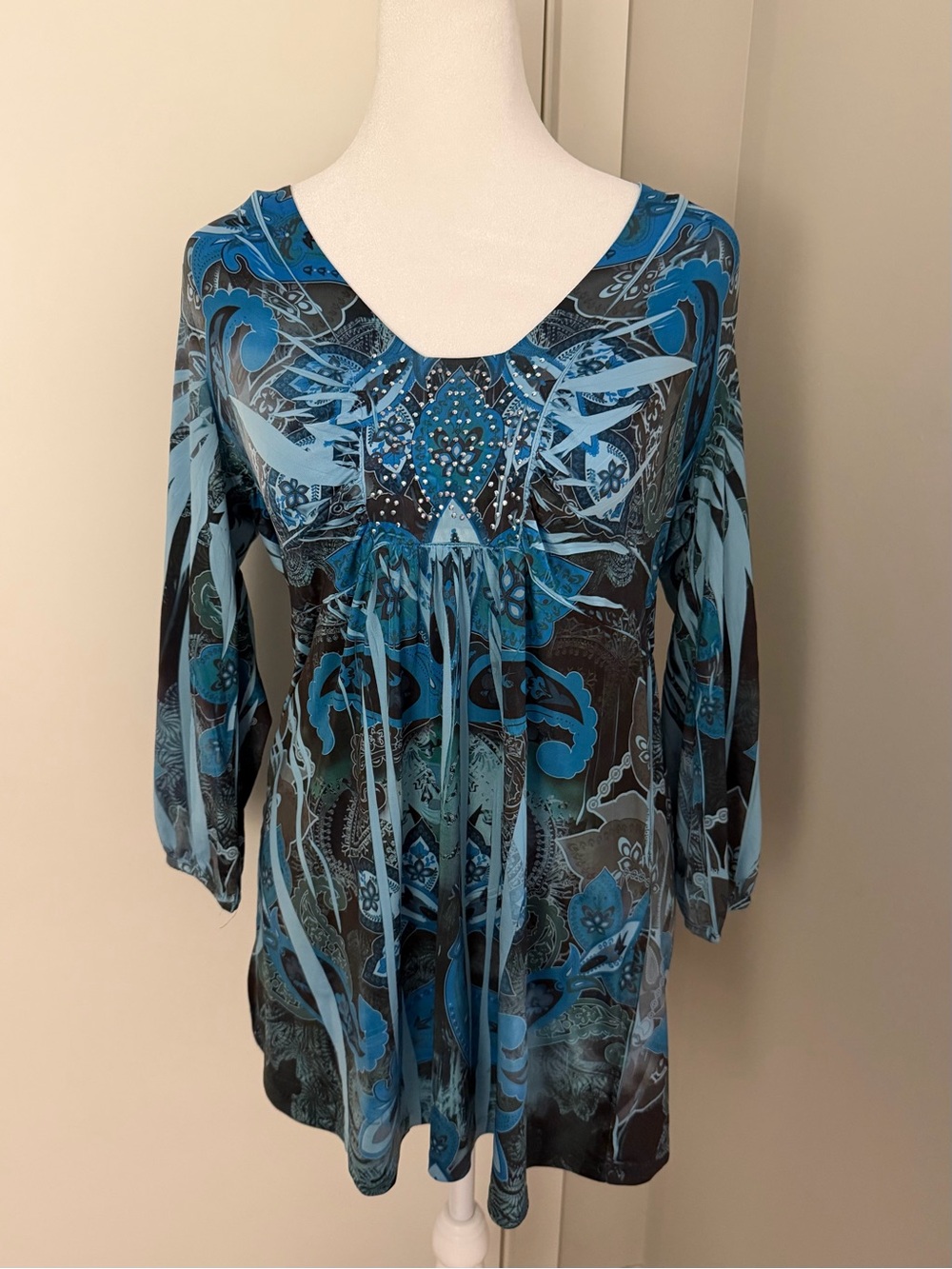 Blue Bohemian Grunge Bedazzled Long Sleeve Tunic Top